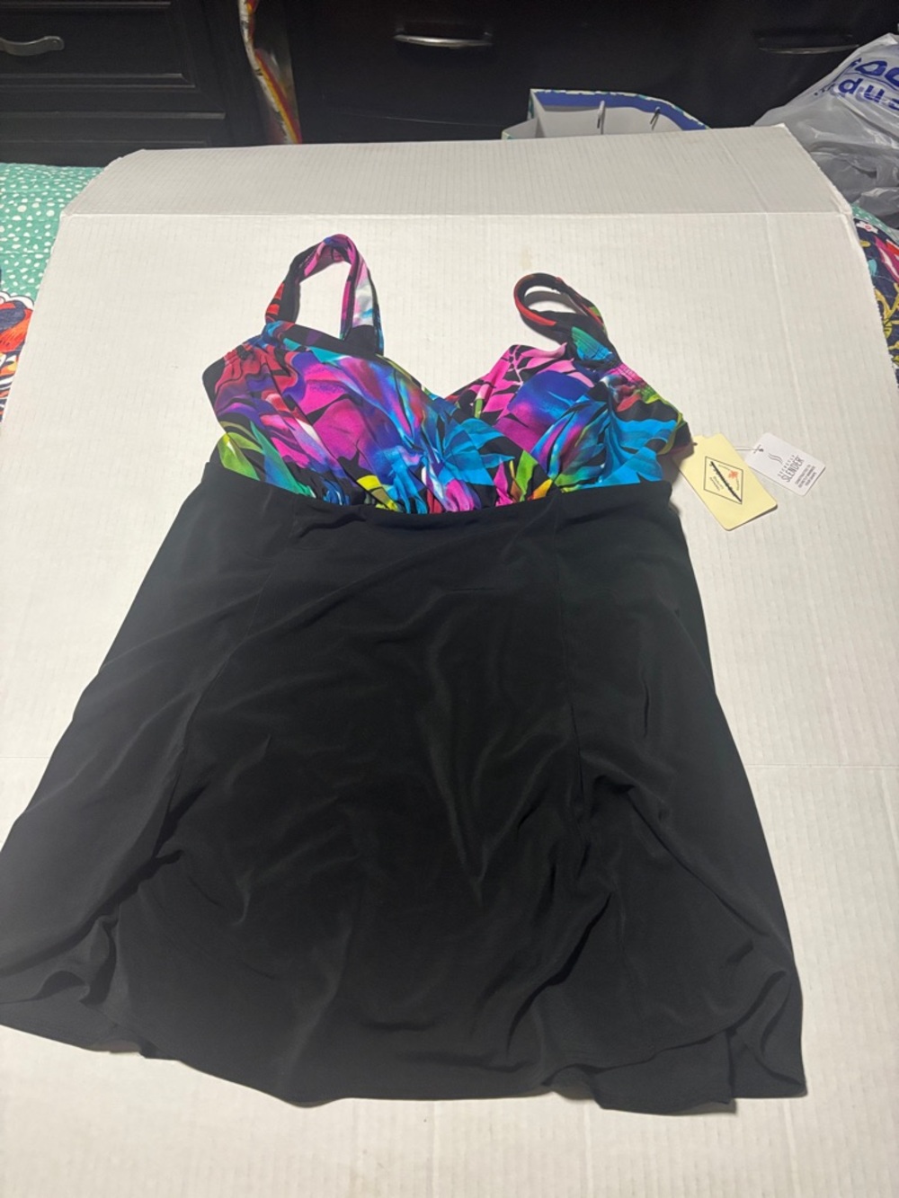 Black Skirted One-Piece Swimsuit with Colorful Floral Top